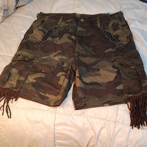 Camouflage Cargo Shorts with Fringe